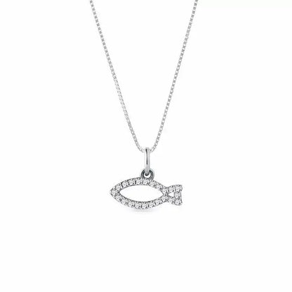 White Gold Fish Charm pendant necklace with diamonds - cushionblue