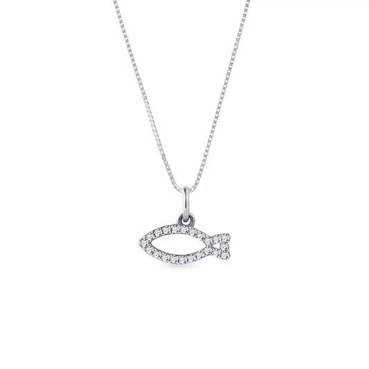 White Gold Fish Charm pendant necklace with diamonds - cushionblue