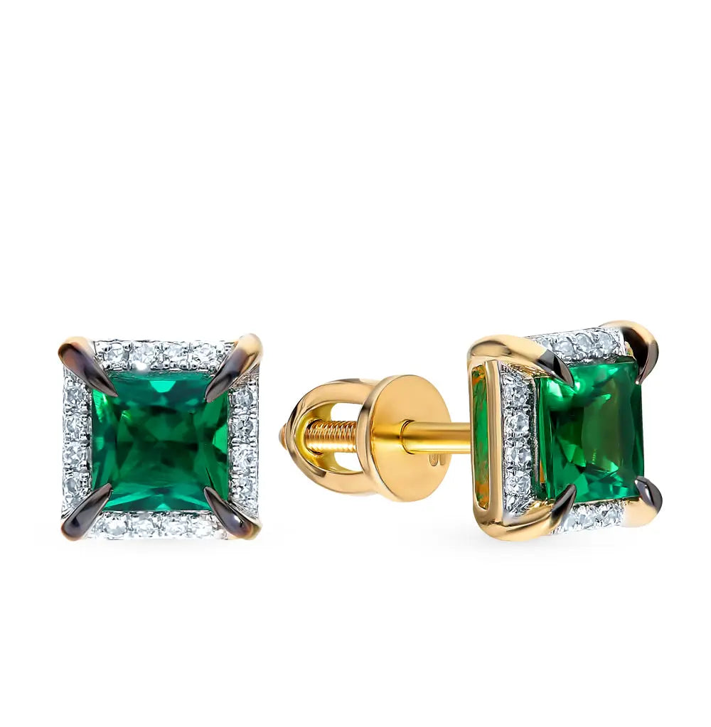 Yellow Gold Studs with screws earrings with Green emeralds and diamonds Cushionblue