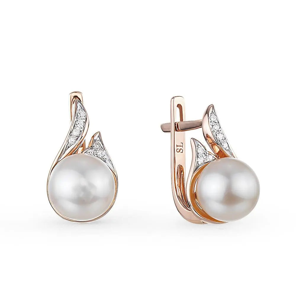 Rose Gold Latch back earrings with Cultured pearls and diamonds - cushionblue