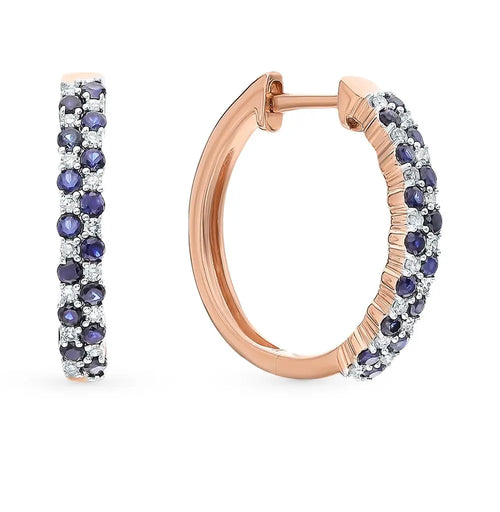 Rose Gold Unique Huggie earrings with Sapphires and diamonds - cushionblue