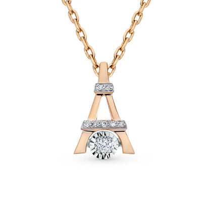 Round cut diamond with Rose Gold Tower Shape pendant necklace - cushionblue