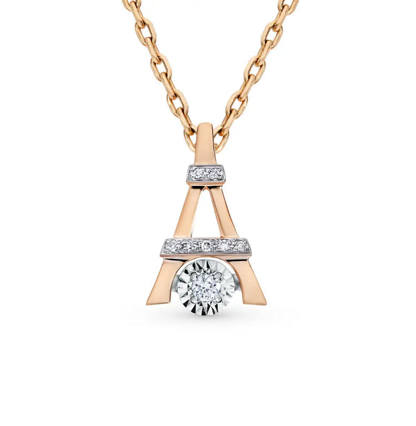 Round cut diamond with Rose Gold Tower Shape pendant necklace - cushionblue