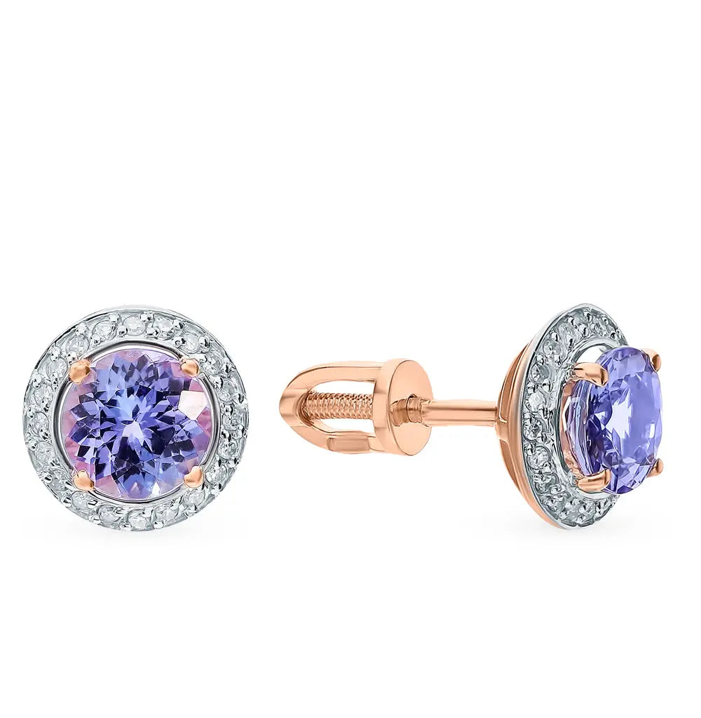 Rose Gold Studs with screws earrings with Round cut tanzanite and diamonds Cushionblue