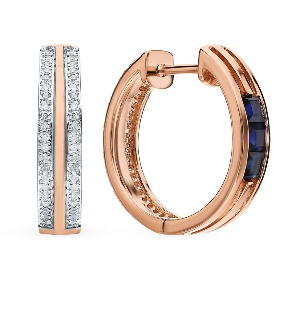 Rose Gold Huggie earrings with Dark blue Sapphires and diamonds - cushionblue
