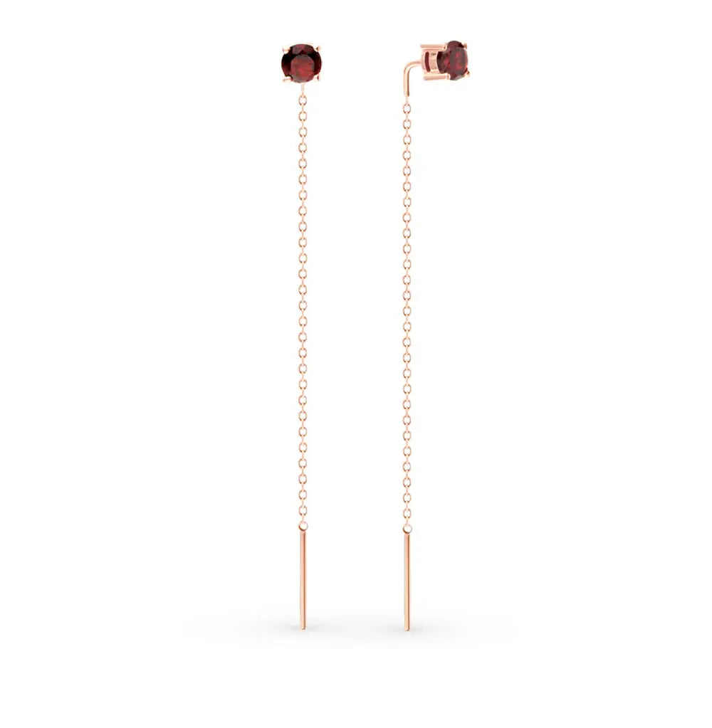 Rose Gold String earrings with Red Garnet - cushionblue