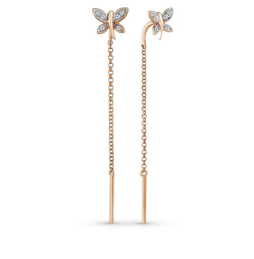 Rose Gold Butterfly string earrings with diamonds - cushionblue
