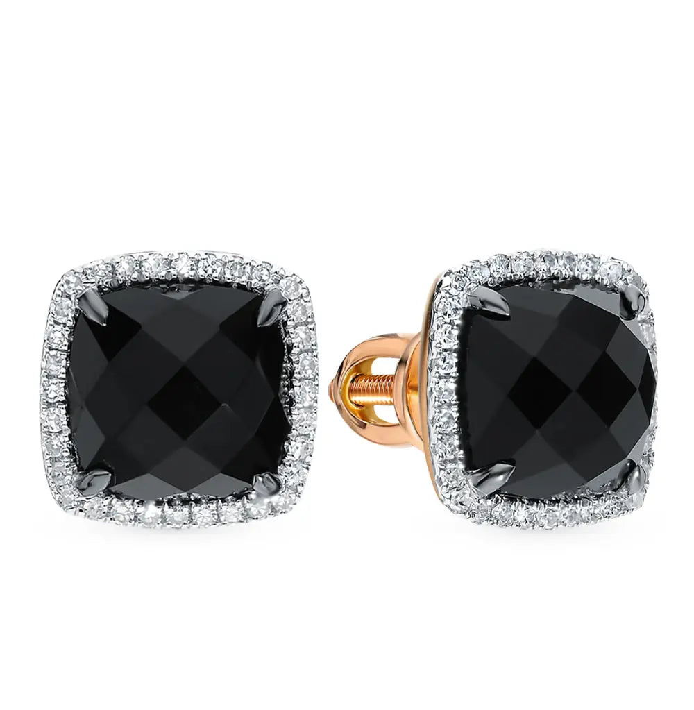 Rose Gold Studs with screws earrings with Black onyx and diamonds Cushionblue