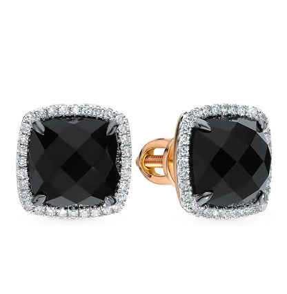 Rose Gold Studs with screws earrings with Black onyx and diamonds Cushionblue