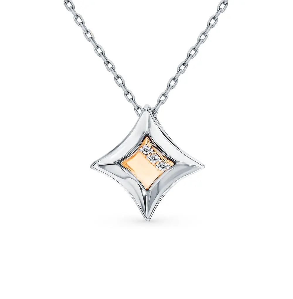 White Gold Silver pendant with an insert: gold and diamonds - cushionblue