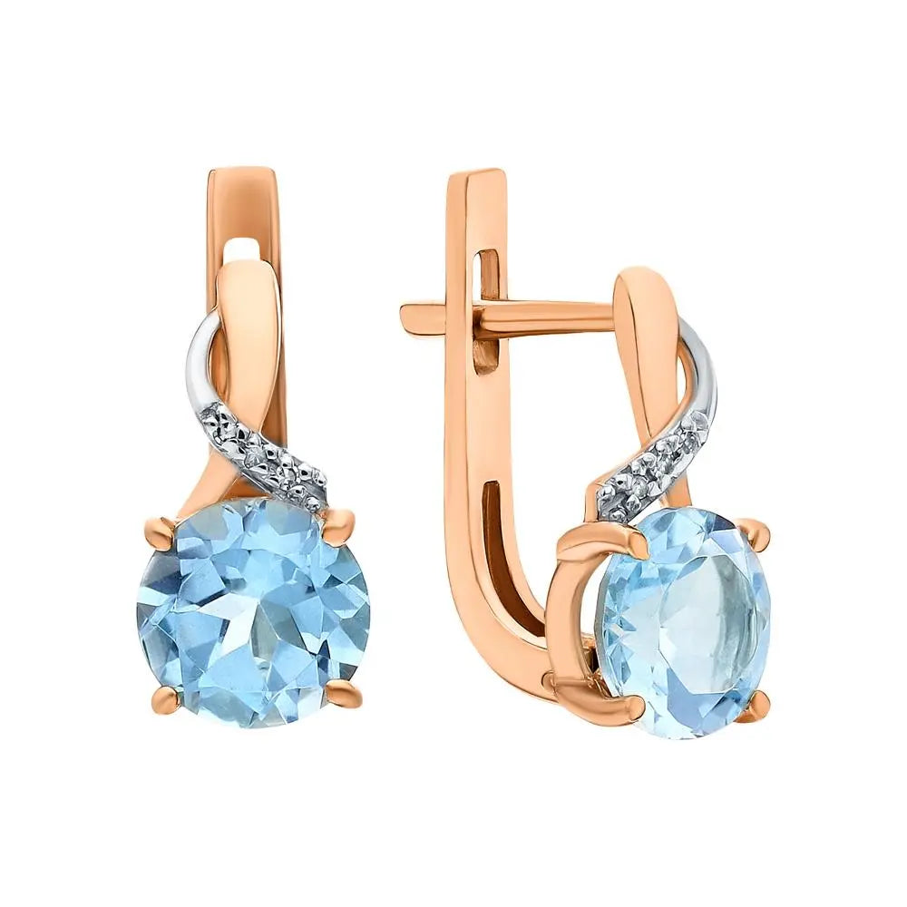 Rose Gold Latch back earrings with Round cut Topaz and diamonds - cushionblue