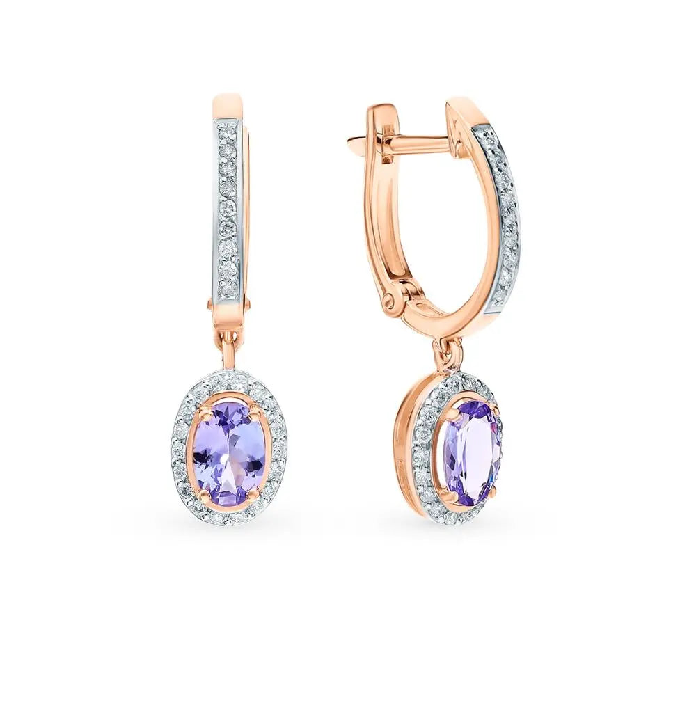 Rose Gold Latch back earrings with Oval cut Tanzanite and diamonds - cushionblue