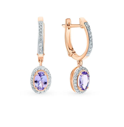 Rose Gold Latch back earrings with Oval cut Tanzanite and diamonds - cushionblue