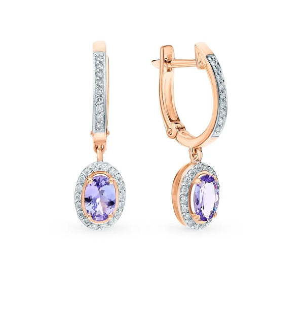 Rose Gold Latch back earrings with Oval cut Tanzanite and diamonds - cushionblue