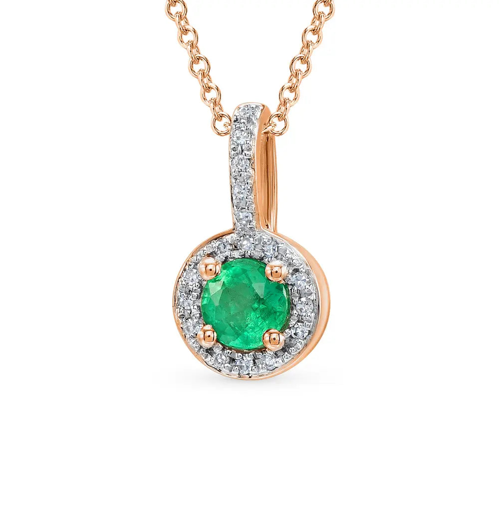 Rose Gold Round pendant necklace with emerald and diamonds - cushionblue