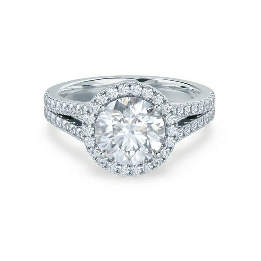 Round cut Natural Diamond Platinum Split Shank Halo Ring - cushionblue