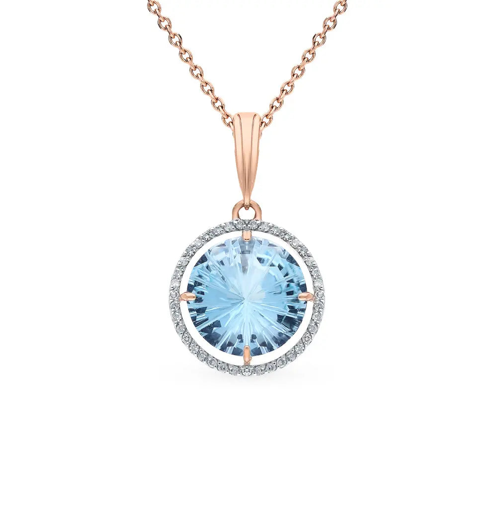 Rose Gold Round pendant necklace with topaz and diamonds - cushionblue