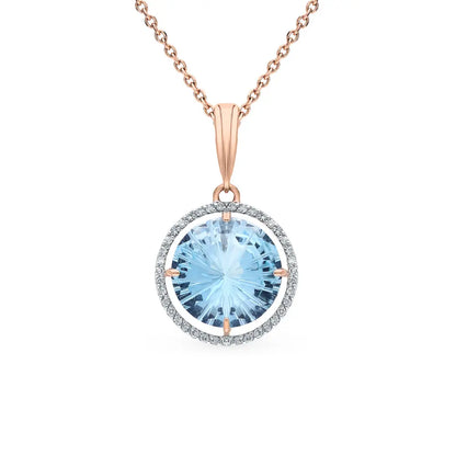 Rose Gold Round pendant necklace with topaz and diamonds - cushionblue