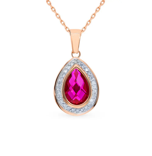 Rose Gold pear pendant necklace with ruby and diamonds - cushionblue
