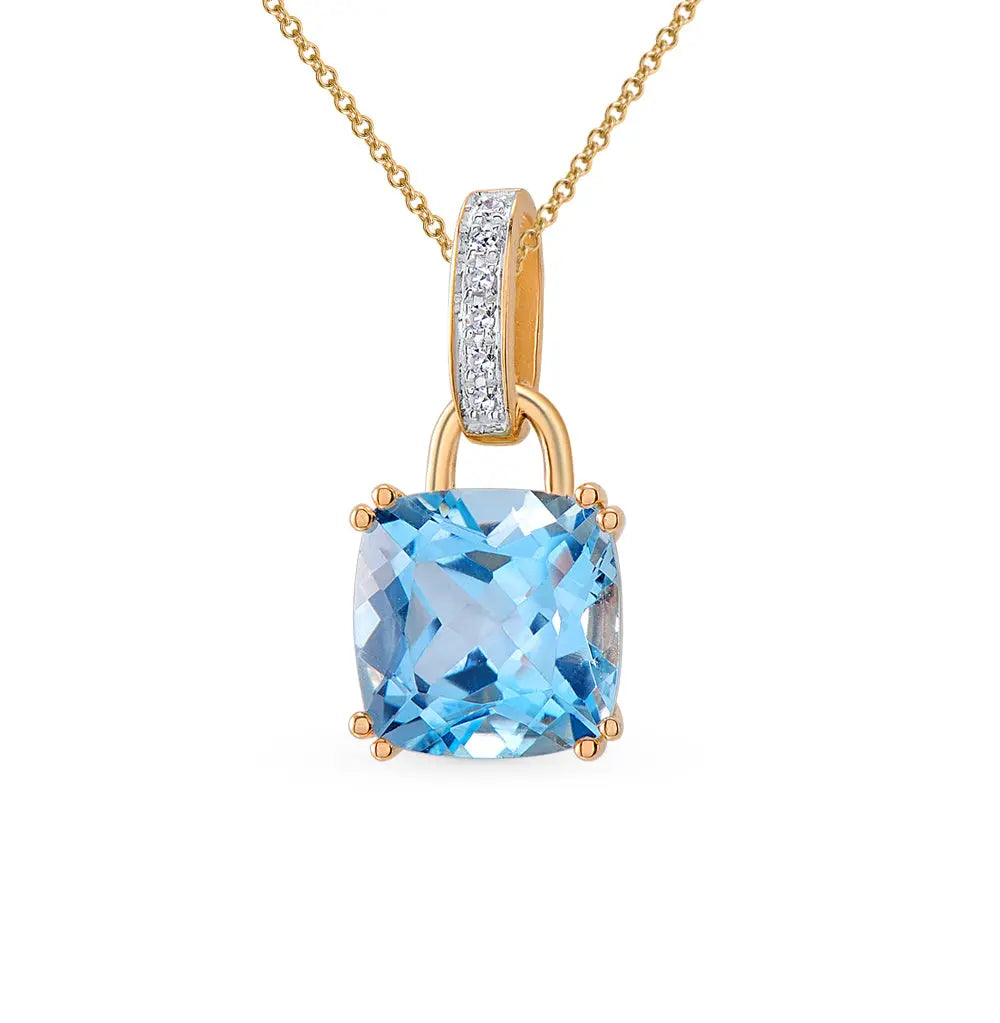 Yellow Gold Cushion pendant necklace with topaz and diamonds - cushionblue