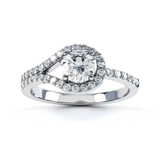 Round cut Natural Diamond loop halo design White Gold Ring - cushionblue