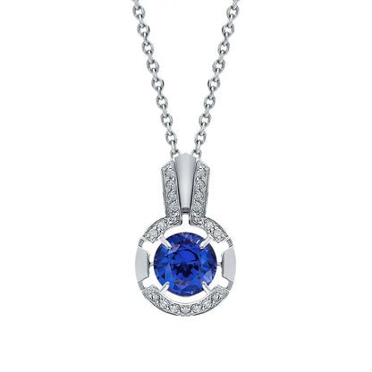 White Gold Round pendant necklace with sapphire and diamonds - cushionblue