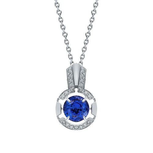 White Gold Round pendant necklace with sapphire and diamonds - cushionblue