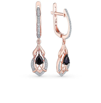 Rose Gold Latch back earrings with Black Sapphires and diamonds - cushionblue