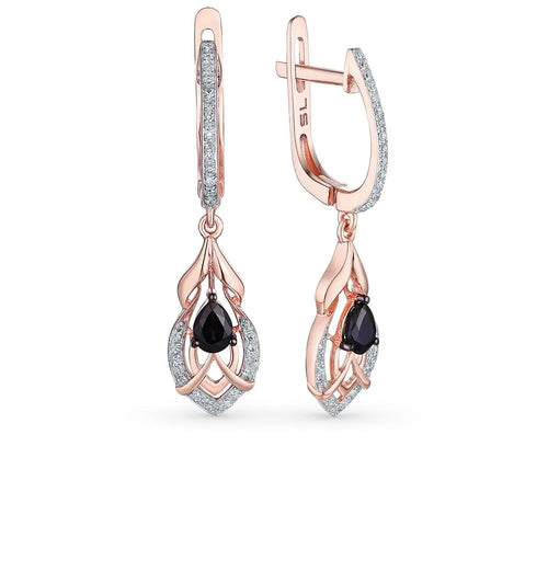 Rose Gold Latch back earrings with Black Sapphires and diamonds - cushionblue
