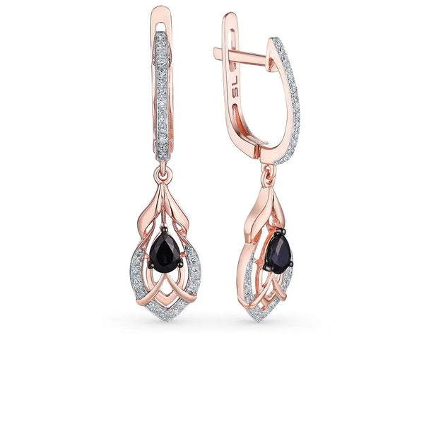 Rose Gold Latch back earrings with Black Sapphires and diamonds - cushionblue