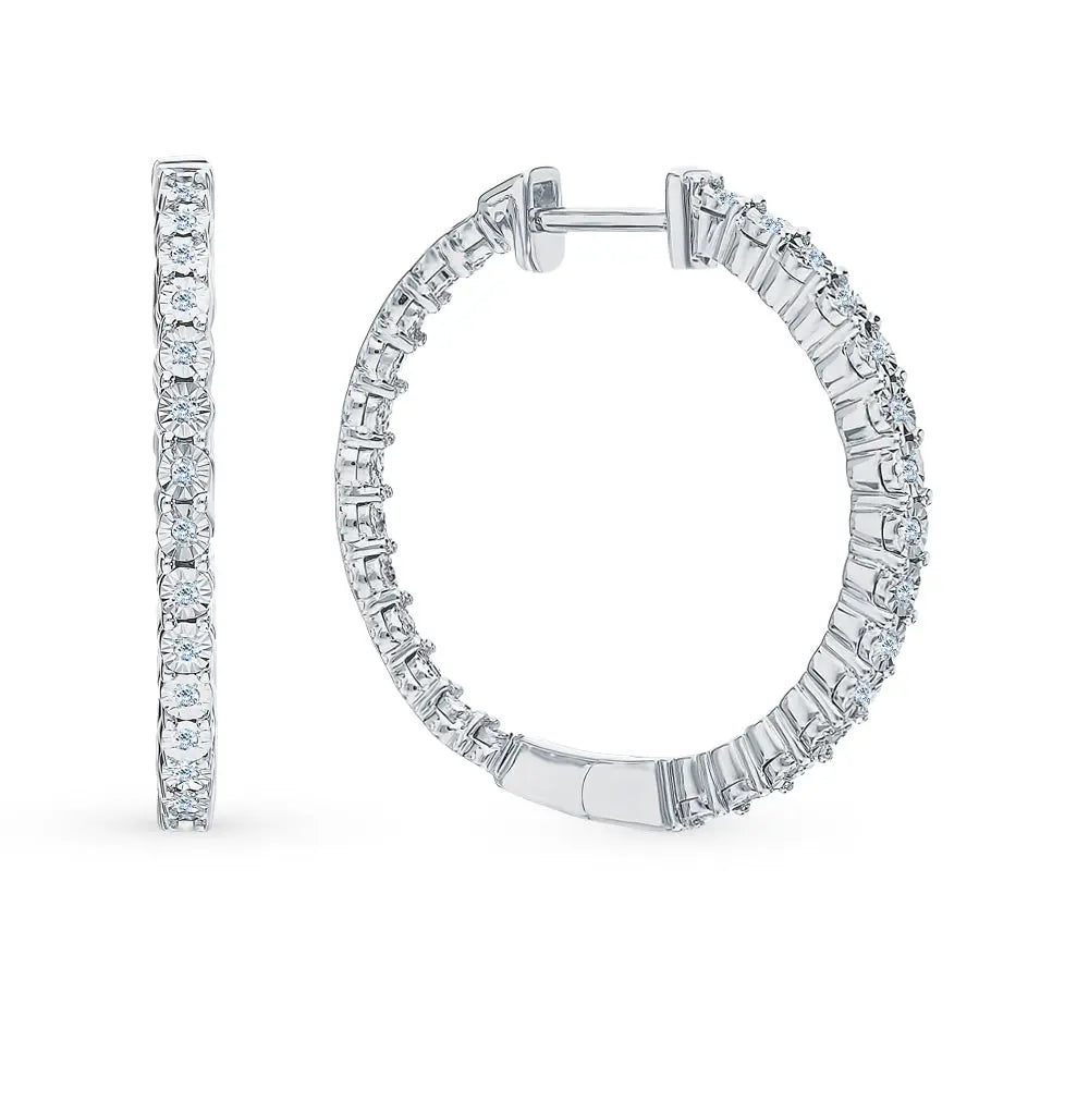 White Gold Simple Huggie earrings with diamonds(0.17ct) Cushionblue