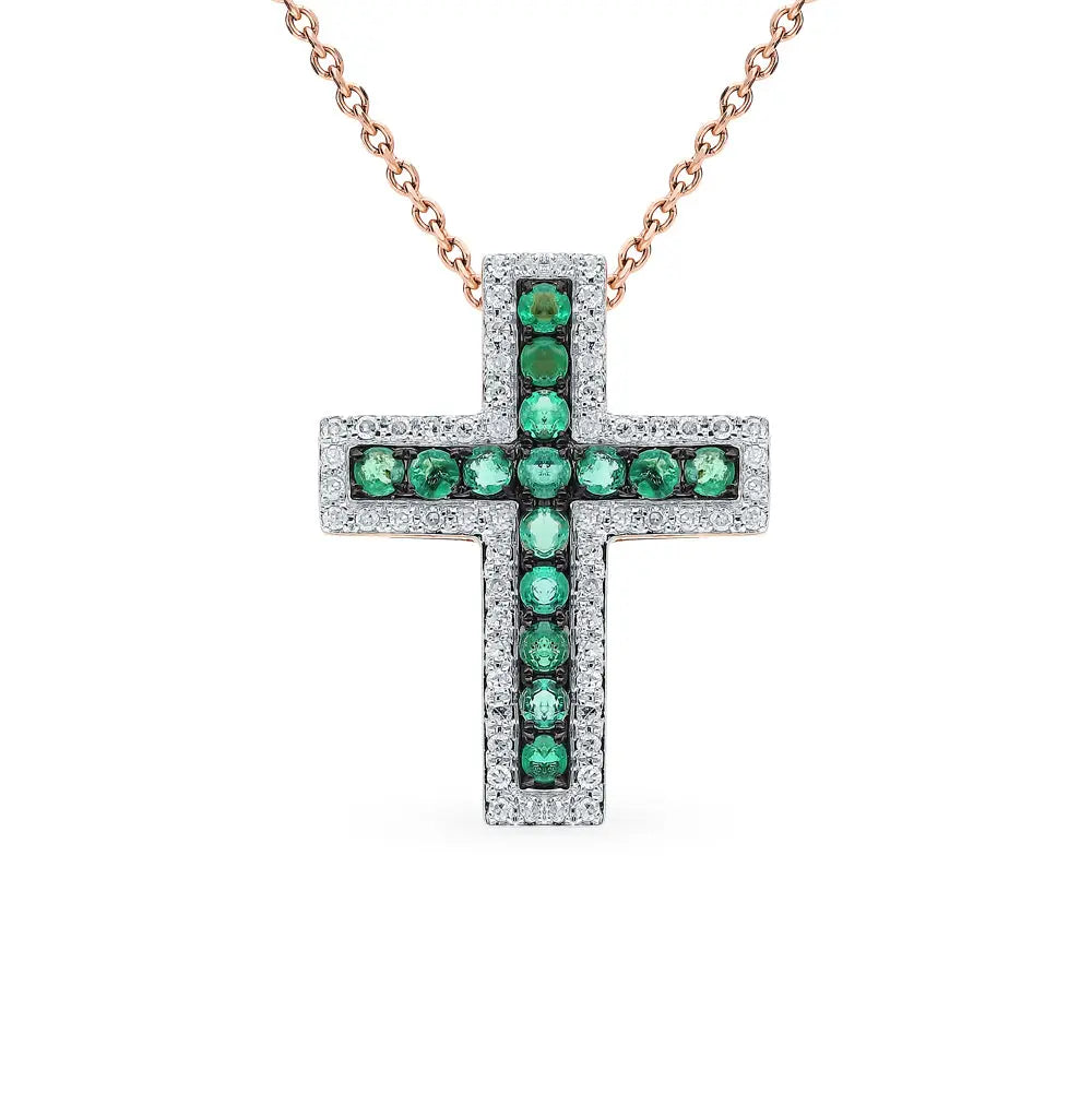 Rose Gold pendant necklace with emeralds and diamonds - cushionblue