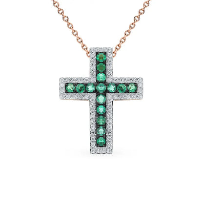 Rose Gold pendant necklace with emeralds and diamonds - cushionblue