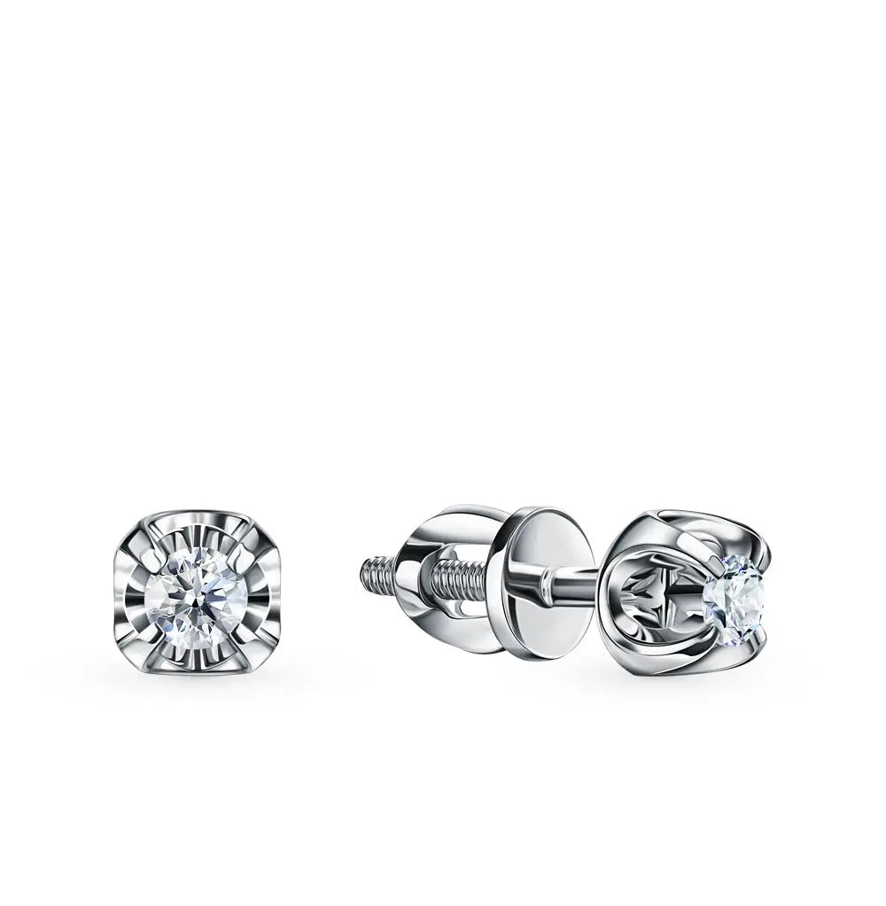 White Gold Studs with screws earrings with diamonds(0.09ct) Cushionblue