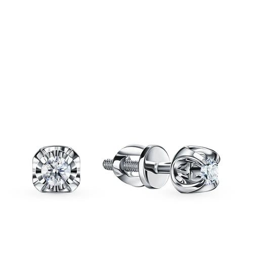 White Gold Studs with screws earrings with diamonds(0.09ct) Cushionblue