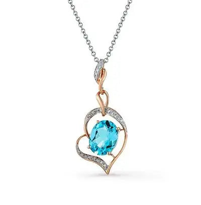 Rose Gold Heart pendant necklace with topaz and diamond - cushionblue