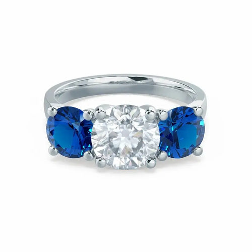 Round & Sapphire 3 Stone Set White Gold Trilogy Ring - cushionblue
