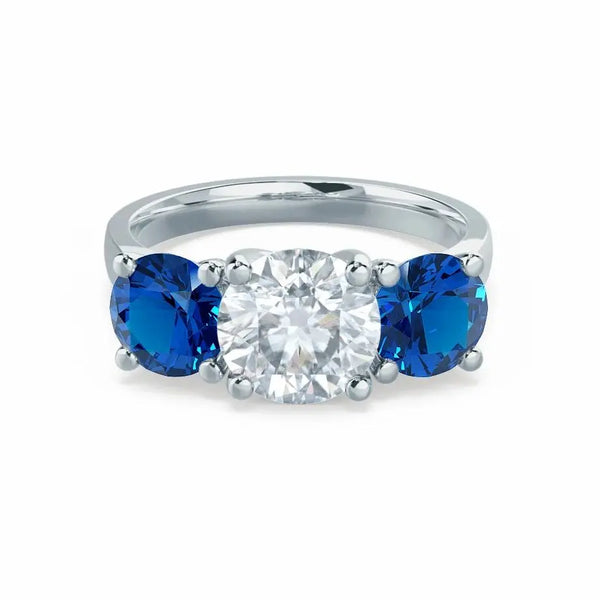 Round & Sapphire 3 Stone Set White Gold Trilogy Ring - cushionblue