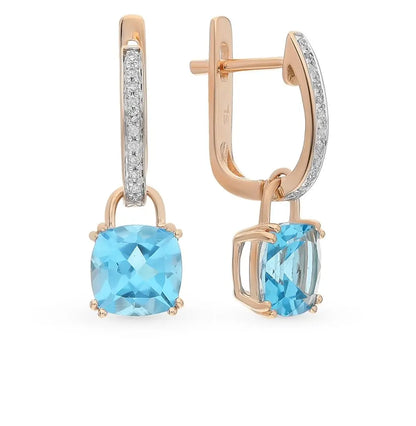 Rose Gold Latch back earrings with Cushion Topaz and diamonds - cushionblue
