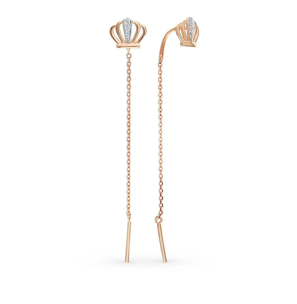 Rose Gold Crown shape string earrings with diamonds - cushionblue