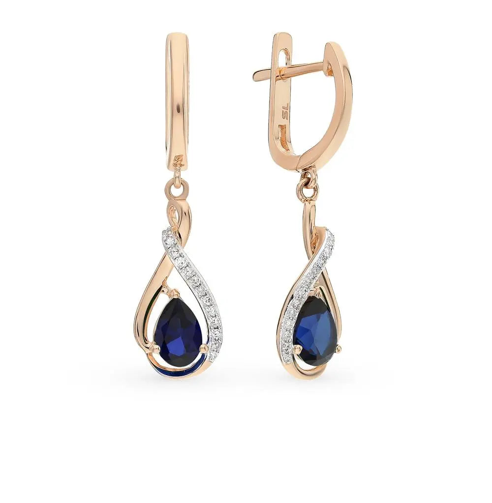 Rose Gold Latch back earrings with Synthetic Sapphires and diamonds - cushionblue