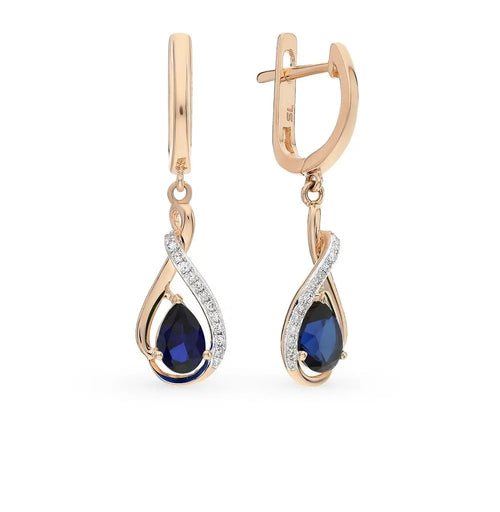 Rose Gold Latch back earrings with Synthetic Sapphires and diamonds - cushionblue