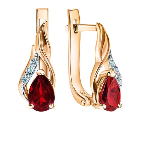 Rose Gold Latch back earrings with Pear cut Garnet and diamonds - cushionblue