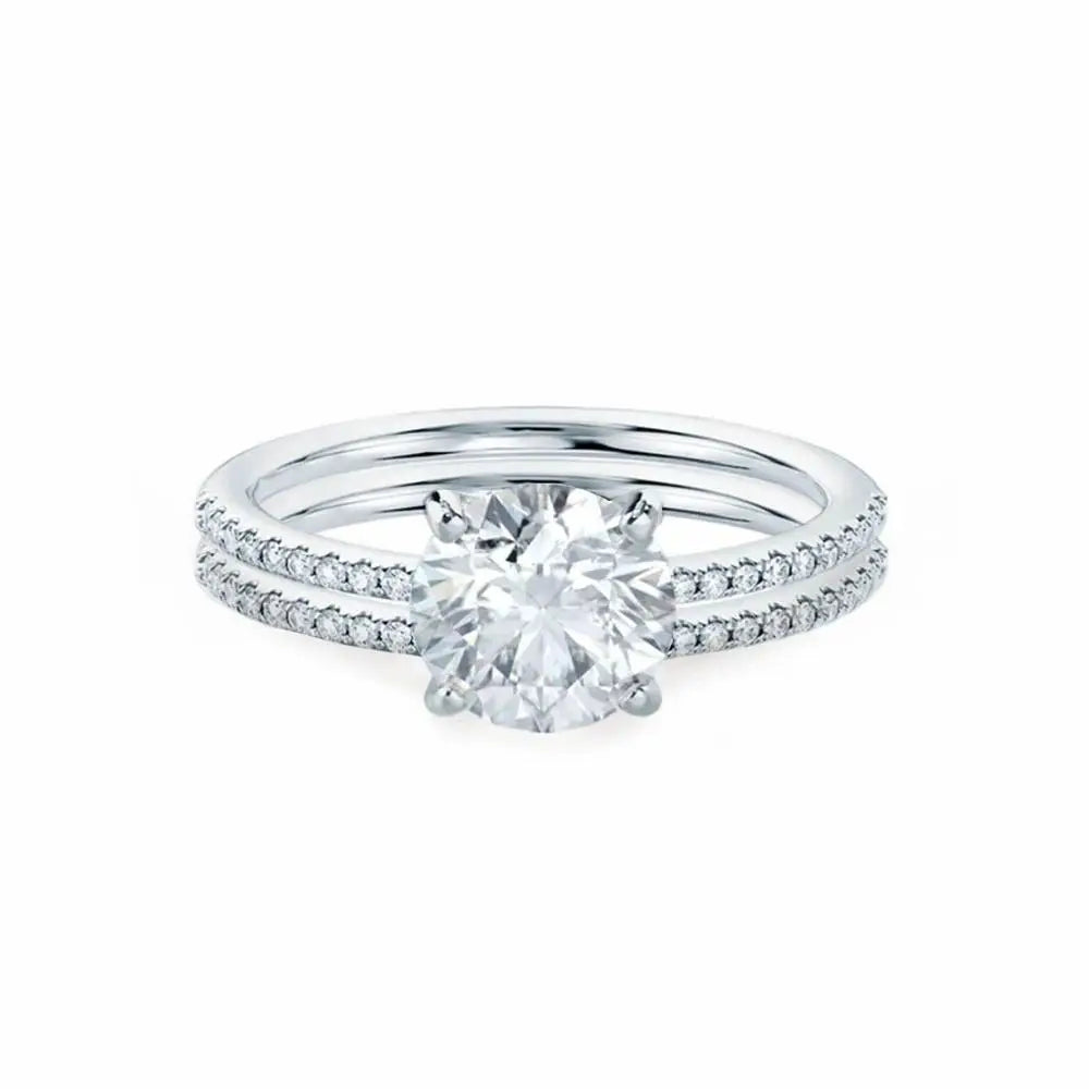 Round Cut White Gold Petite Pavé Bridal Set Ring - cushionblue