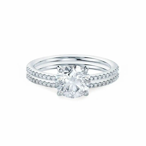 Round Cut White Gold Petite Pavé Bridal Set Ring - cushionblue
