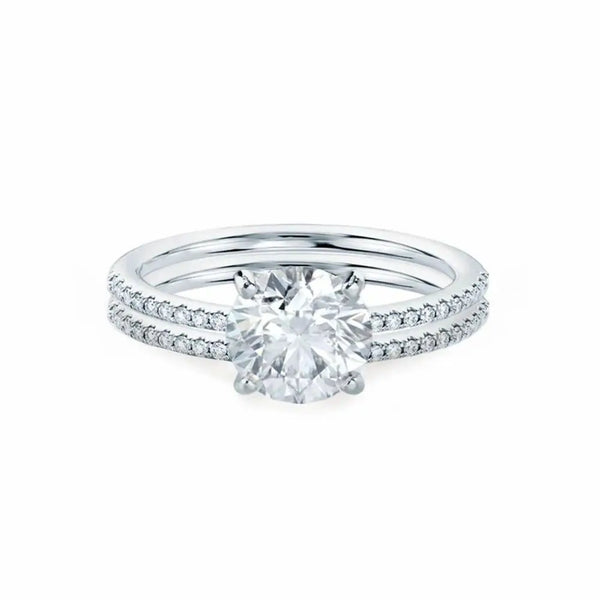 Round Cut White Gold Petite Pavé Bridal Set Ring - cushionblue