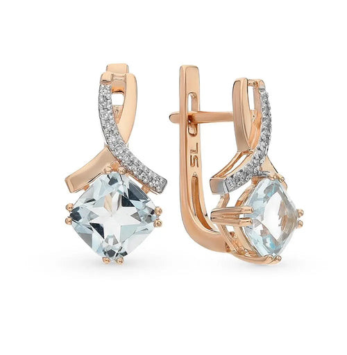 Rose Gold Latch back earrings with Cushion cut Topaz diamonds - cushionblue
