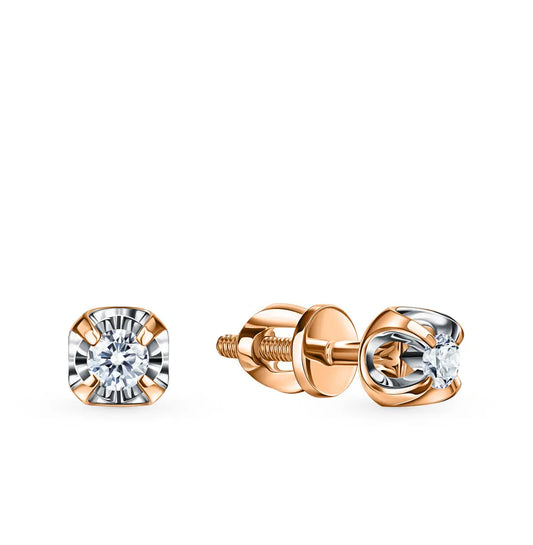 Rose Gold Studs with screws earrings with diamonds(0.12ct) Cushionblue