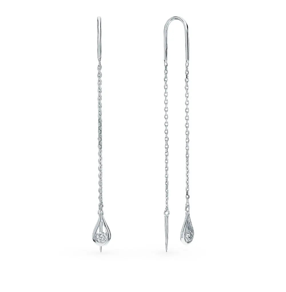 White Gold string earrings with Round cut diamonds(0.17ct) - cushionblue