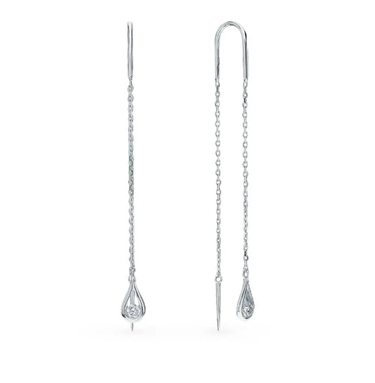 White Gold string earrings with Round cut diamonds(0.17ct) - cushionblue